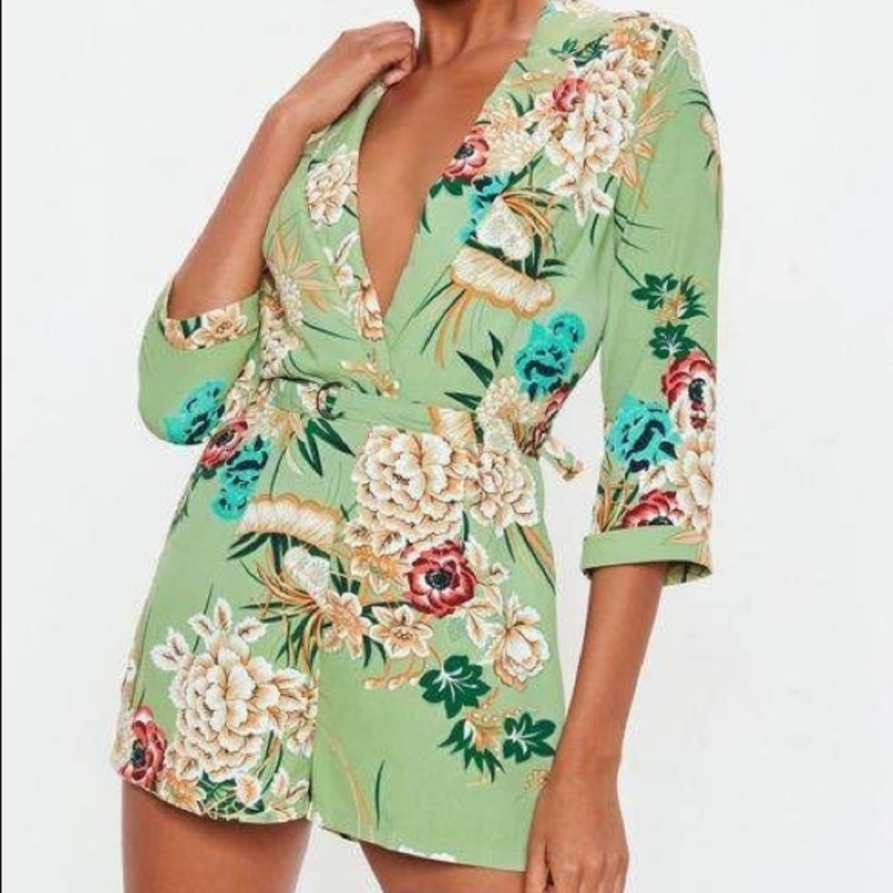 Green Floral Collared Rumper